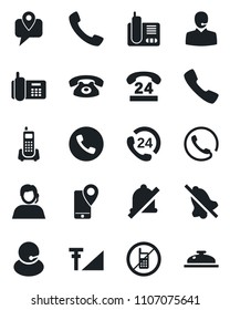 Set of vector isolated black icon - phone vector, no mobile, office, 24 hours, support, tracking, radio, call, mute, cellular signal, reception
