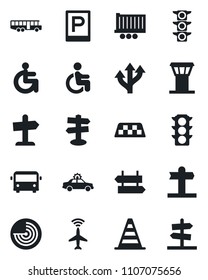 Set of vector isolated black icon - airport tower vector, plane radar, taxi, bus, parking, signpost, alarm car, border cone, disabled, route, traffic light, truck trailer, guidepost