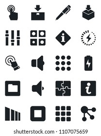 Set of vector isolated black icon - package vector, sorting, settings, touch screen, stop button, menu, folder, charge, application, pen, sound, information, social media