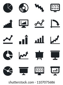 Set of vector isolated black icon - growth statistic vector, presentation board, crisis graph, circle chart, monitor pulse, statistics, bar, pie, point