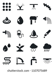 Set of vector isolated black icon - crisis graph vector, watering, water drop, rain, drip irrigation, dropper, menu, supply, sprinkler