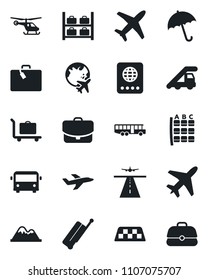 Set of vector isolated black icon - plane vector, runway, taxi, suitcase, baggage trolley, airport bus, umbrella, passport, ladder car, helicopter, seat map, luggage storage, globe, mountains, case