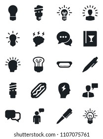 Set of vector isolated black icon - speaking man vector, pen, brainstorm, bulb, dialog, wine card, hot dog, energy saving, shining head, idea