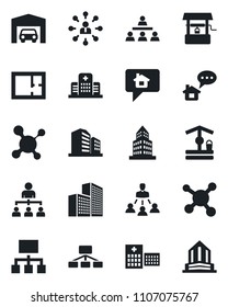 Set of vector isolated black icon - hierarchy vector, well, molecule, hospital, office building, garage, plan, home message