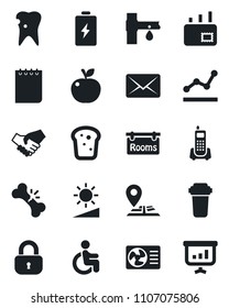 Set of vector isolated black icon - notepad vector, drip irrigation, disabled, caries, broken bone, navigation, office phone, brightness, point graph, mail, rooms, lock, bread, apple fruit, battery