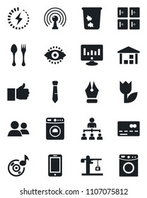 Set of vector isolated black icon - spoon and fork vector, trash bin, credit card, washer, checkroom, mobile phone, hierarchy, statistic monitor, tulip, warehouse, antenna, group, finger up, eye id