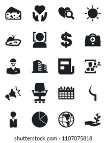 Set of vector isolated black icon - dollar sign vector, calendar, sun, sickle, doctor case, heart diagnostic, hand, face id, pie graph, news, hr, pond, waiter, cheese, earth, office chair, building