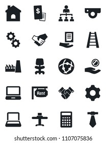 Set of vector isolated black icon - hierarchy vector, office chair, document, ladder, house, laptop pc, settings, network, notebook, handshake, rent, factory, restaurant table, receipt, web camera