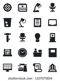 Set of vector isolated black icon - trash bin vector, medical room, office chair, abacus, notebook pc, tie, manager place, bulb, factory, contract, monitor pulse, calendar, clipboard, copybook