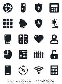 Set of vector isolated black icon - calculator vector, mouse, fence, heart, navigation, phone back, menu, protect, bell, network, wireless, brightness, compass, lock, remote control, combination
