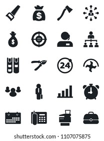 Set of vector isolated black icon - 24 around vector, alarm clock, hierarchy, money bag, ripper, pruner, saw, axe, group, calendar, bar graph, office phone, support, target, copier, manager, book