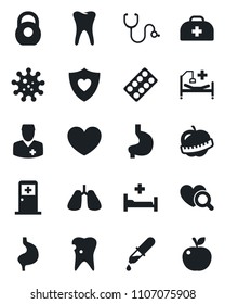 Set of vector isolated black icon - medical room vector, heart, doctor case, stethoscope, dropper, diagnostic, pills blister, shield, hospital bed, stomach, lungs, tooth, caries, diet, virus, heavy