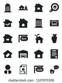 Set of vector isolated black icon - house vector, real heart, contract, with tree, garage, estate document, rent, sold signboard, search, agent, smart home, city, eco, message