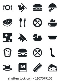 Set of vector isolated black icon - spoon and fork vector, cafe, menu, salad, bacon, waiter, bread, chicken, steak, hamburger, ladle, bowl, rolling pin, sushi, cheese