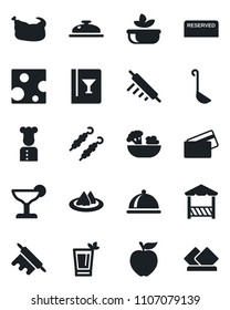 Set of vector isolated black icon - cook vector, dish, serviette, wine card, reserved, reception, cocktail, phyto bar, salad, alcove, credit, chicken, kebab, ladle, rolling pin, apple fruit, cheese