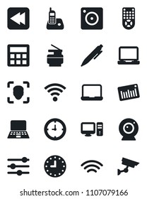 Set of vector isolated black icon - pen vector, notebook pc, clock, barcode, remote control, laptop, radio phone, rewind, mobile camera, tuning, calculator, wireless, face id, copier, web