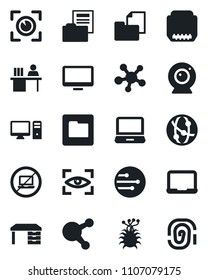 Set of vector isolated black icon - no laptop vector, desk, notebook pc, virus, folder document, network, monitor, share, hdmi, manager, web camera, eye scan, fingerprint
