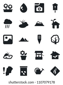 Set of vector isolated black icon - storm cloud vector, flower in pot, tree, watering can, water drop, well, plant label, seeds, pond, bird house, gallery, photo, mountains, eco, smoke detector