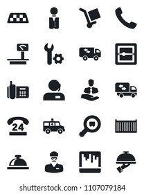 Set of vector isolated black icon - taxi vector, reception bell, ambulance car, doctor, office phone, 24 hours, client, cargo container, heavy scales, search, call, scanner, root setup, support