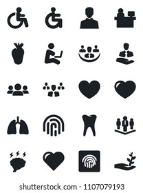 Set of vector isolated black icon - disabled vector, brainstorm, manager place, heart, lungs, real, tooth, client, user, fingerprint id, company, group, man with notebook, palm sproute