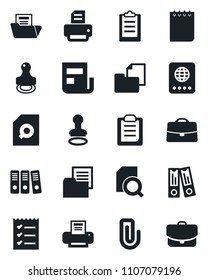 Set of vector isolated black icon - passport vector, stamp, office binder, notepad, printer, folder document, clipboard, case, paper clip, news, search, checklist