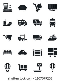 Set of vector isolated black icon - train vector, waiting area, fork loader, airport building, wheelbarrow, ambulance car, sea shipping, truck trailer, delivery, container, consolidated cargo