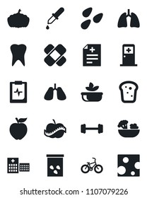 Set of vector isolated black icon - medical room vector, pumpkin, seeds, diagnosis, dropper, patch, barbell, bike, lungs, tooth, pulse clipboard, diet, hospital, salad, bread, apple fruit, cheese