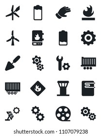 Set of vector isolated black icon - airport tower vector, gear, trowel, glove, truck trailer, flammable, reel, battery, low, root setup, water heater, sun panel, windmill