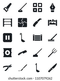 Set of vector isolated black icon - farm fork vector, rake, pruner, saw, hoe, garden knife, scalpel, container, oil barrel, rack, pause button, application, ink pen, ladle