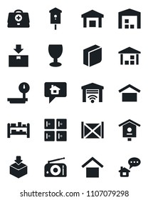 Set of vector isolated black icon - checkroom vector, bird house, doctor case, container, fragile, warehouse storage, package, heavy scales, rack, radio, blank box, garage gate control, home message