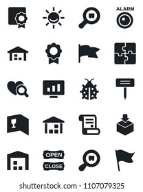 Set of vector isolated black icon - statistic monitor vector, contract, lady bug, plant label, heart diagnostic, warehouse, package, search cargo, application, sertificate, wine card, open close