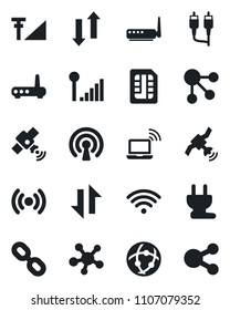 Set of vector isolated black icon - wireless notebook vector, satellite, share, chain, rca, sim, network, data exchange, cellular signal, power plug, router, social media