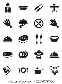 Set of vector isolated black icon - spoon and fork vector, waiter, dish, restaurant table, cafe, plates, dress code, steak, kebab, ham, bowl, steaming pan, sushi