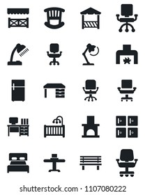 Set of vector isolated black icon - checkroom vector, office chair, desk, bench, fireplace, lamp, bedroom, children room, restaurant table, alcove, fridge