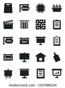 Set of vector isolated black icon - flight table vector, presentation board, meeting, clipboard, clapboard, sale, rooms, smart home, cutting, chip