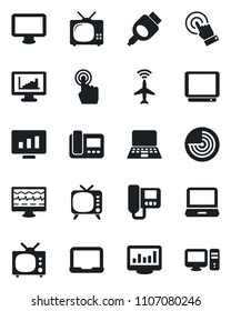 Set of vector isolated black icon - plane radar vector, notebook pc, statistic monitor, pulse, tv, touch screen, laptop, hdmi, statistics, intercome