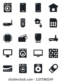 Set of vector isolated black icon - washer vector, monitor, speaker, phone back, sim, smart home, credit card, control, chip, remote, router, usb flash