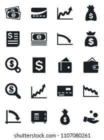 Set of vector isolated black icon - credit card vector, safe, money bag, crisis graph, cash, receipt, wallet, growth, search, investment
