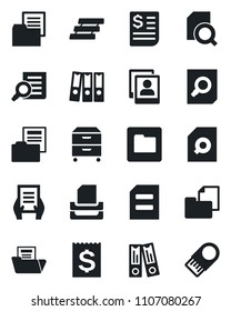 Set of vector isolated black icon - office binder vector, document search, receipt, folder, photo gallery, paper, tray, archive box, usb flash