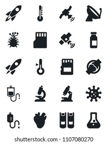 Set of vector isolated black icon - satellite antenna vector, book, dropper, microscope, ampoule, real heart, joint, virus, sd, thermometer, rocket, flask