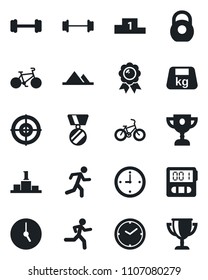 Set of vector isolated black icon - medal vector, barbell, bike, run, heavy, clock, stopwatch, target, mountains, pedestal, award cup