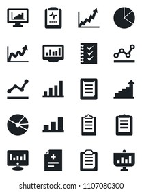 Set of vector isolated black icon - growth statistic vector, monitor, diagnosis, pulse clipboard, statistics, bar graph, pie, checklist, point, presentation