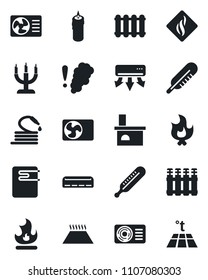 Set of vector isolated black icon - fire vector, hose, fireplace, thermometer, air conditioner, candle, water heater, smoke detector, radiator, warm floor