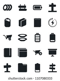 Set of vector isolated black icon - signpost vector, notepad, presentation board, wheelbarrow, battery, low, folder, charge, blank box, plates, guidepost