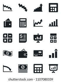 Set of vector isolated black icon - credit card vector, growth statistic, calculator, crisis graph, receipt, bar, wallet, cash, presentation