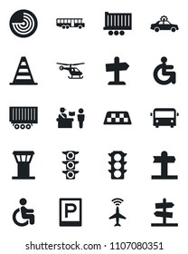 Set of vector isolated black icon - airport tower vector, plane radar, taxi, bus, parking, passport control, alarm car, border cone, helicopter, disabled, signpost, traffic light, truck trailer
