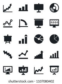 Set of vector isolated black icon - growth statistic vector, presentation board, crisis graph, circle chart, monitor pulse, statistics, bar, pie, point