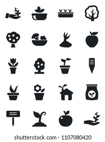 Set of vector isolated black icon - flower in pot vector, seedling, tree, sproute, plant label, fertilizer, fruit, salad, apple, eco house, palm