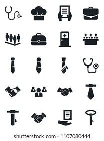 Set of vector isolated black icon - medical room vector, handshake, team, tie, document, stethoscope, meeting, cook hat, case