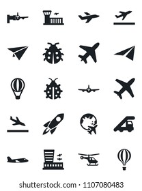 Set of vector isolated black icon - plane vector, departure, arrival, ladder car, boarding, helicopter, globe, airport building, lady bug, rocket, paper, air balloon